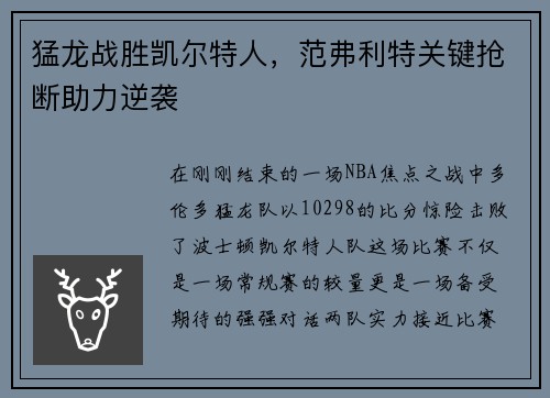 猛龙战胜凯尔特人，范弗利特关键抢断助力逆袭